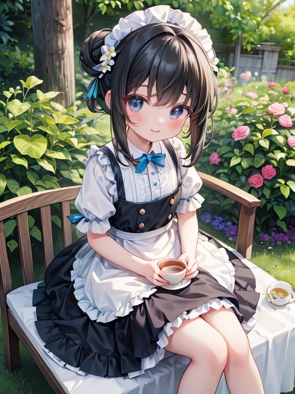 (8K, Highest quality, tableトップ:1.2)、Ultra-high resolution、7-year-old girl, Perfect Fingers, Detailed face, smile, black eye, Black Hair, half updo, Blue Apron Dress, garden, flower bed, table, tableクロス, Black tea, Tea cup, cake, Sit on a chair, Black teaを飲む
