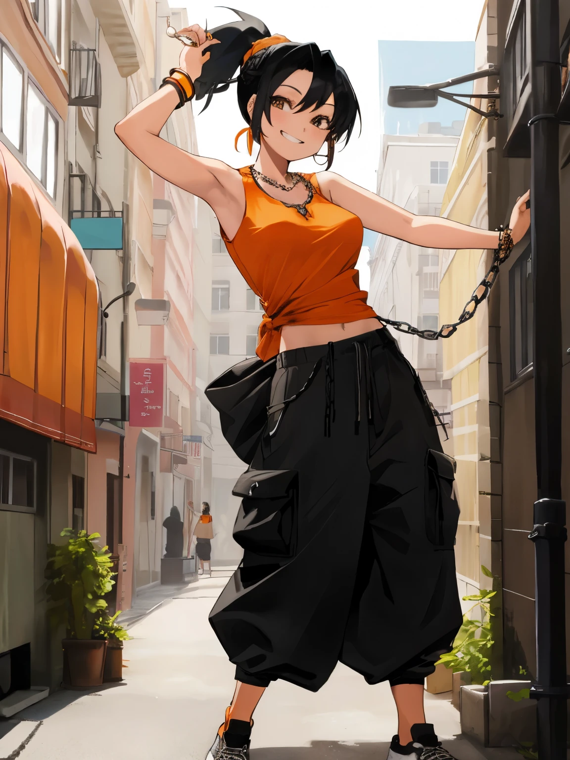 1girl, orange tank top, black hair, outdoors, baggy pants, shoes, chain necklace, looking at viewer, grin, breasts, braided ponytail