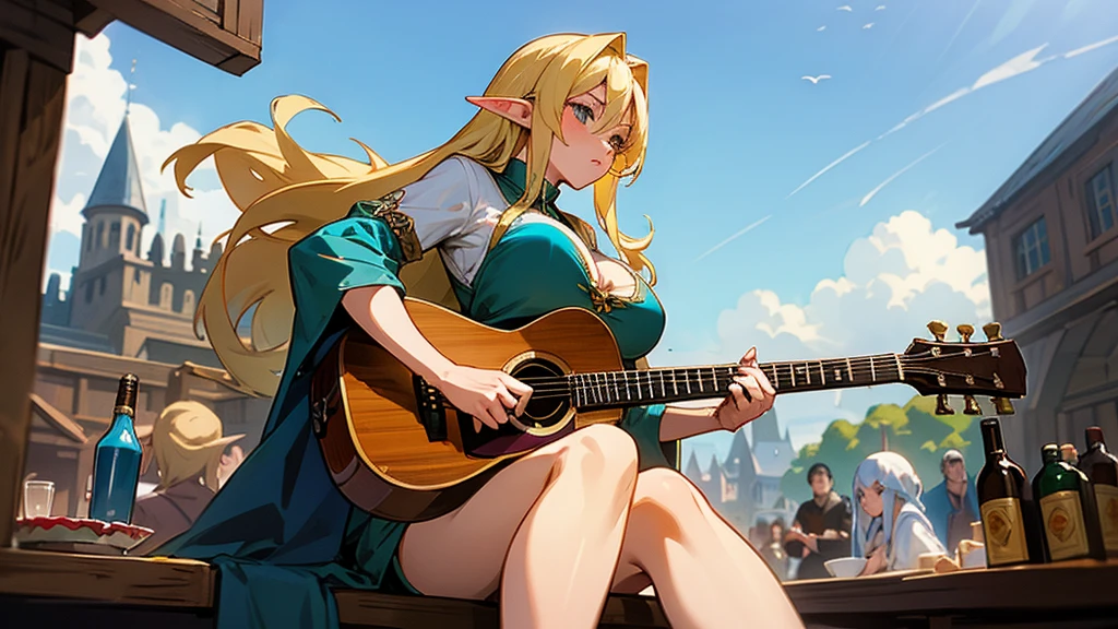 Anime Style,Nostalgic,Detailed background,The medieval world,A lively bar with lots of people,Beautiful sky,Beautiful Elf Bard,guitar,Large Breasts,Healthy thighs