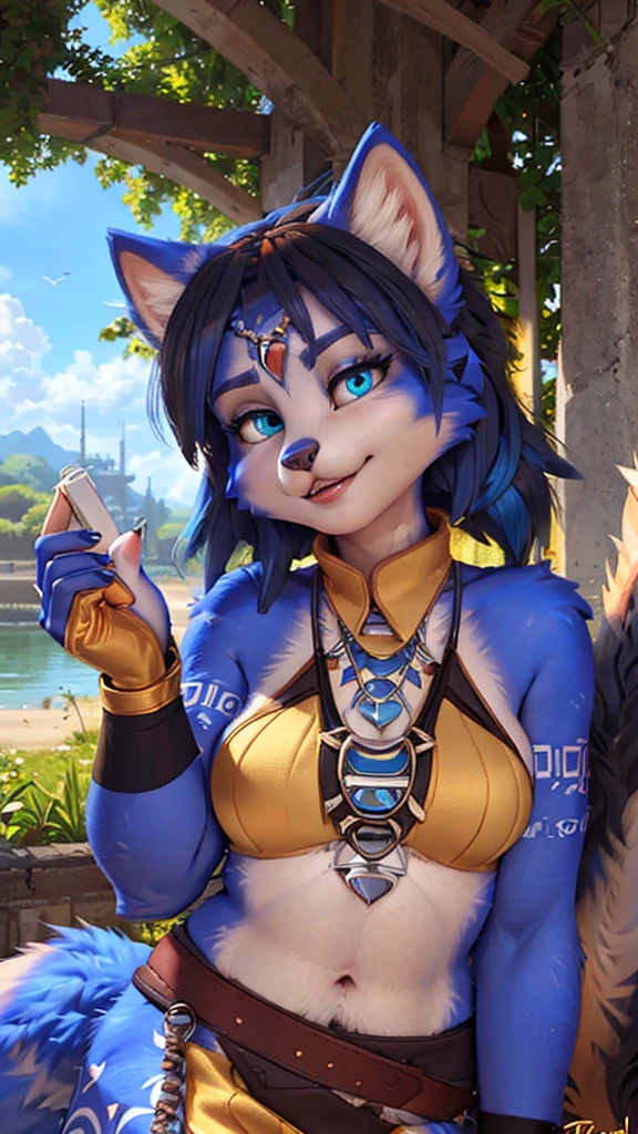 A beautiful and detailed (sweet portrait) wa ((Krystal)), Star Fox Krystal, sslim, lovable, green eyes, medium breasts, (((Long blue hair 1.3))),  ((black hair tips)), look up,, anthro, furry, Uploaded E621, detailed fluffy fur, (wa Fluff-Kevlar, Bayard Wu, Personalami, Pino Daeni), detailed face, (fluffy), 1 girl, alone,  Tribal clothing, sweet girl, 
