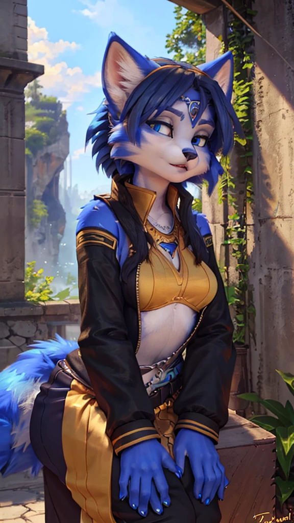 A beautiful and detailed (sweet portrait) wa ((Krystal)), Star Fox Krystal, sslim, lovable, green eyes, medium breasts, (((Long blue hair 1.3))),  ((black hair tips)), look up,, anthro, furry, Uploaded E621, detailed fluffy fur, (wa Fluff-Kevlar, Bayard Wu, Personalami, Pino Daeni), detailed face, (fluffy), 1 girl, alone,  Tribal clothing, sweet girl, 
