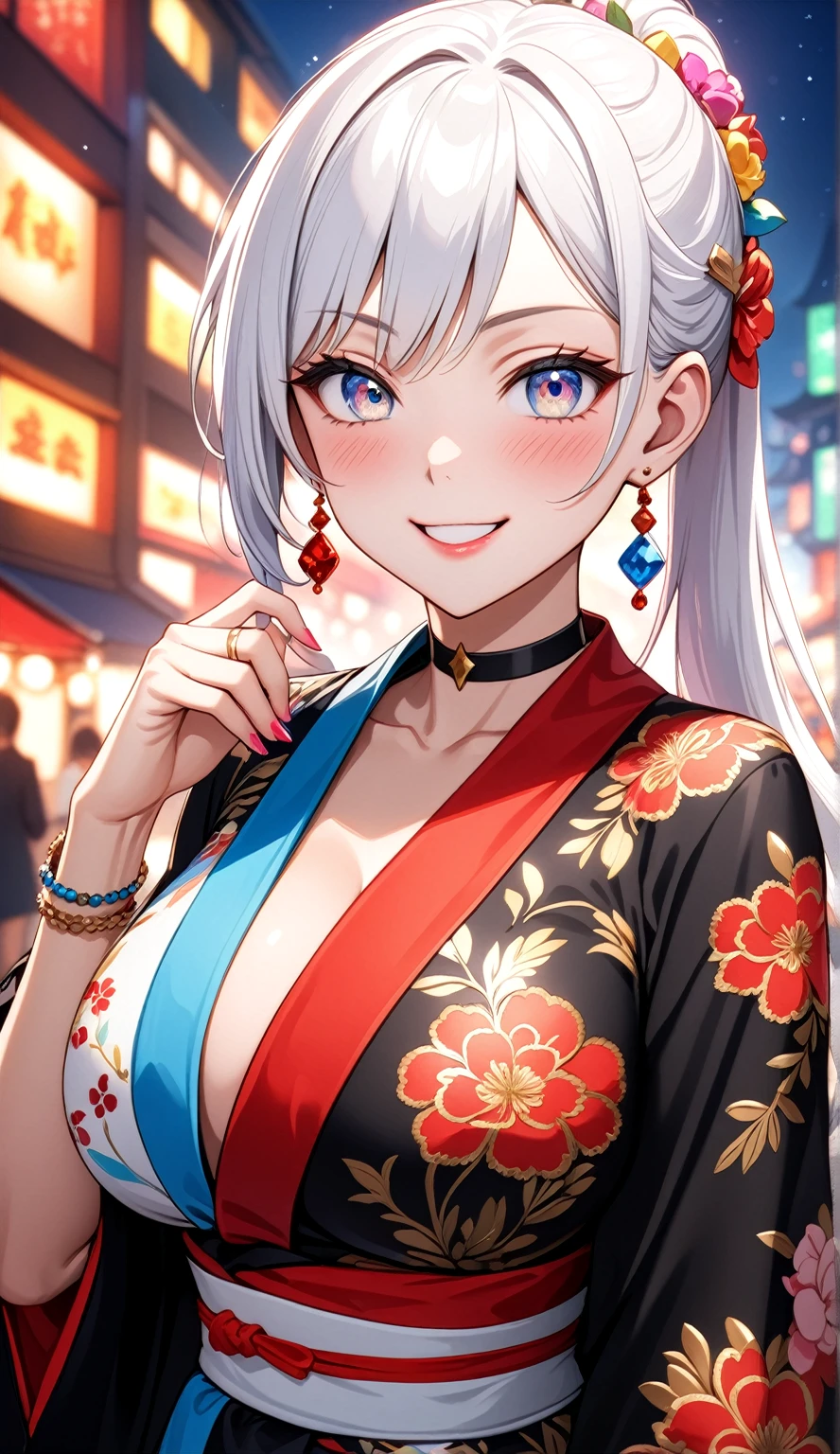 (One personの女性)), Beautiful Face, (Laughing embarrassedly), ((smirk)), ((Wink:2.0)), (head tilt:1.3), Laugh with your mouth wide open,((Bright red cheeks:1.4)),Shiny red lips, night,rooftop,Festivals, firework,Glossy red lips,Facial lighting,((Anime style background)),masterpiece, Highest quality, so beautiful,up to date, Complex details, (Pink long nails), (ring),(bracelet),(choker),AI-generated, Complex,High resolution, Highest quality, super high quality,3D Images、3D Images,One person,Long white hair in a high side ponytail,(blue eyes),  ((Fine grain、Silvery white colorful eyes、Shining Eyes:1.4)), (Squint your eyes:1.1), 写真のポーズをとるAnime Women, a hyperRealistic , hyperRealistic , Realistic,Anime Women, Smooth anime CG art, A woman in a colorful kimono with gold embroidery, (Black long sleeve kimono),  Red floral pattern,Long flower hair ornament,Earrings,Mature Body,(Big Breasts:1.1),Tall,Narrow waist,(Zoom in on face:1.4),