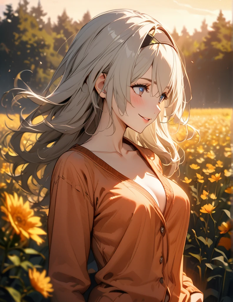 beautiful girl, long grey hair, beautiful face,smiling,close up to hips, beautiful breast, in the middle of flowers field, (open mouth:0.4),illustration,detailed textures(realists),ultra-detailed,portrait style,vivid colors,soft lighting, blushing, mature, hair fluttering, evening light , head band, ((half body)), no bra, wearing casual pajamas, perky. ((side profile until hips))