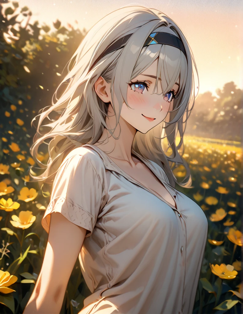beautiful girl, long grey hair, beautiful face,smiling,close up to hips, beautiful breast, in the middle of flowers field, (open mouth:0.4),illustration,detailed textures(realists),ultra-detailed,portrait style,vivid colors,soft lighting, blushing, mature, hair fluttering, evening light , head band, ((half body)), no bra, wearing casual pajamas, perky. ((side profile until hips))