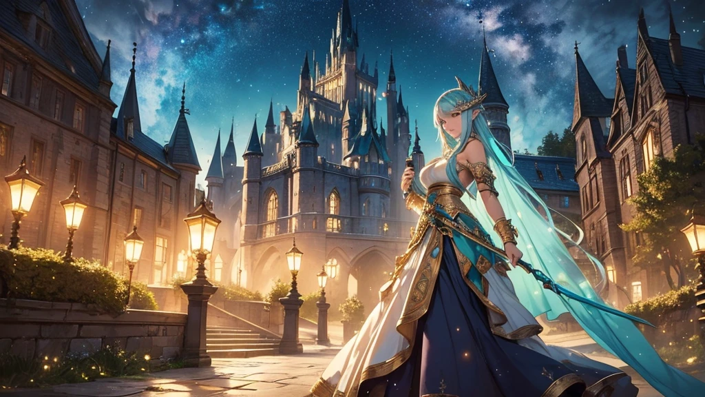8K,A beautiful elven woman standing in a fantasy landscape. She has golden hair and smiles gracefully with deep emerald eyes. Her outfit is a teal Gwaiz style.
In the background, there is an ancient Celtic castle and a lush forest.
The elven woman holds a harp and magical lights dance around her.
Her outfit is a gorgeous Final Fantasy style dress with delicate decorations.
The lighting is soft, with a warm light that envelops the whole scene and creates a relaxing atmosphere.
The castle tower in the background is lit with twinkling stars, creating a fantastic landscape that blends into the night sky.
The whole image is filled with rich details and colorful elements to prevent boredom.