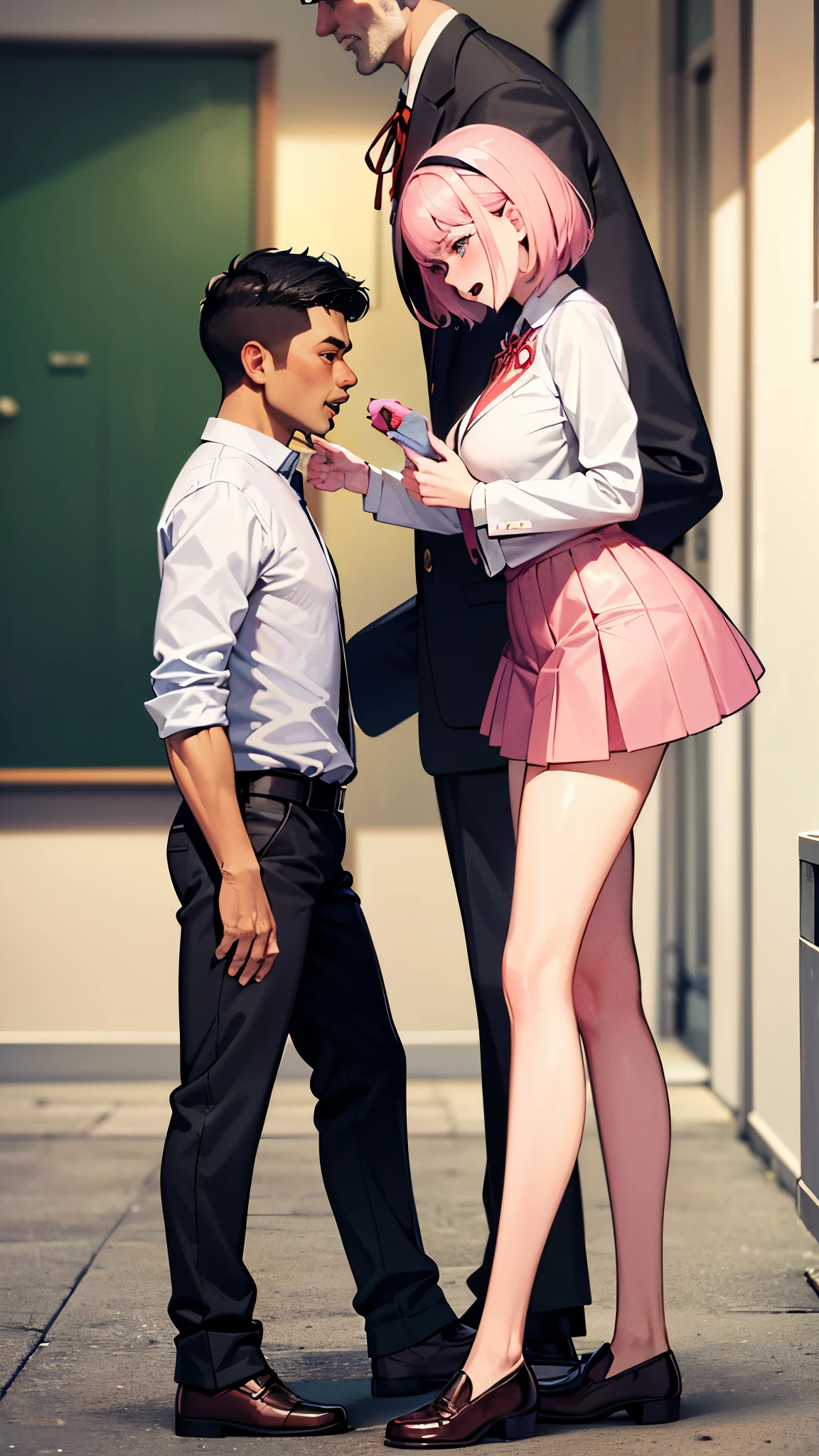 (bent over:1.3), (bentover:1.3), (female on tiptoes:1.3), from side, full body, man behind woman, 1boy, standing sex, standing doggystyle, hetero,

(1girl:perfect face, slim body, medium breasts, short pink hair, ,blazer,white shirt,red ribbon, skirt,collared shirt, shoes, loafers, open mouth, )

(1boy:ugly, dilf, mature male,hand on her head,ossan, fatman, hetero, (ugly man,:1.4) age difference, old man, )

masterpiece, best quality, absurdres, highres, 4k, ray tracing, intricate details, highly detailed,