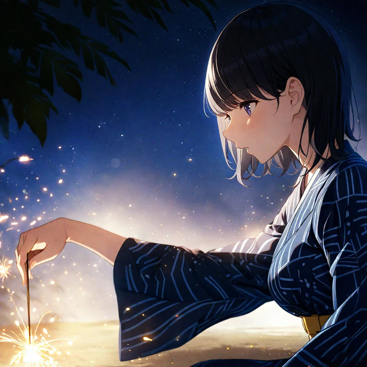 1girl、Black Hair、Indigo yukata、Yellow belt、squat、Sparkler、night、Illuminate the face、少女がしゃがんでSparklerの火を見つめる、deep faint light 、 detailed CG、high resolution