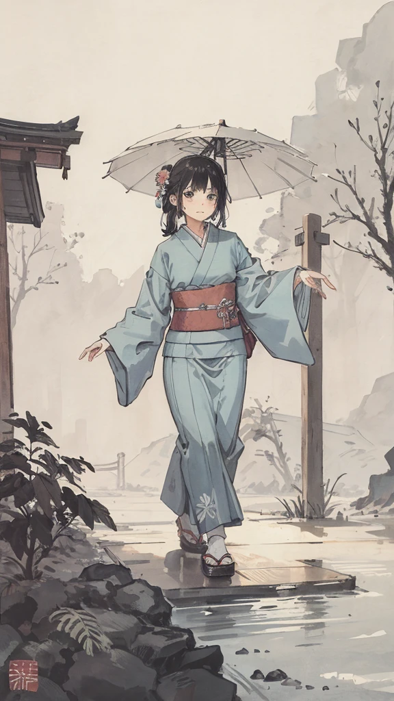 in the rain、A girl walking with a Japanese umbrella、Japanese style、Light blue kimono