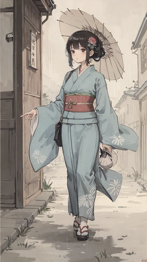 in the rain、A girl walking with a Japanese umbrella、Japanese style、Light blue kimono