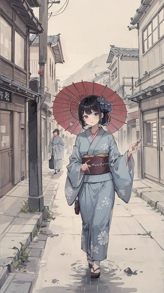 in the rain、A girl walking with a Japanese umbrella、Japanese style、Light blue kimono