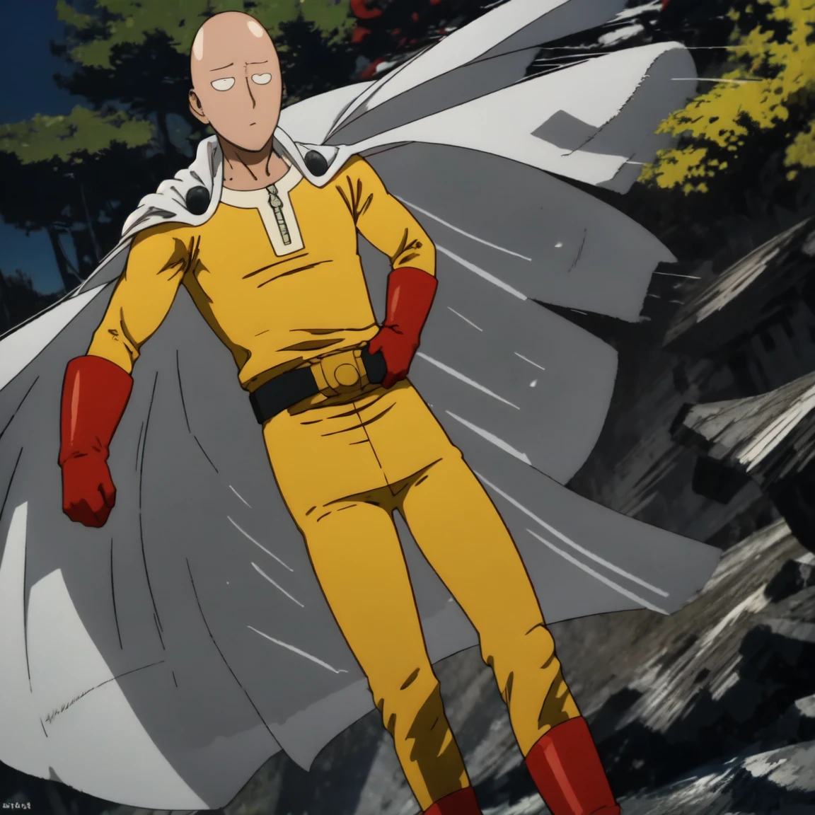 Saitama, the character from "One Punch Man," wearing his characteristic yellow suit with red gloves and a white cape, walks with a bored expression on a sunny day. Around him, a typical Japanese neighborhood with low buildings and green trees. The sky is clear, and the sun shines brightly, casting soft shadows on the ground.