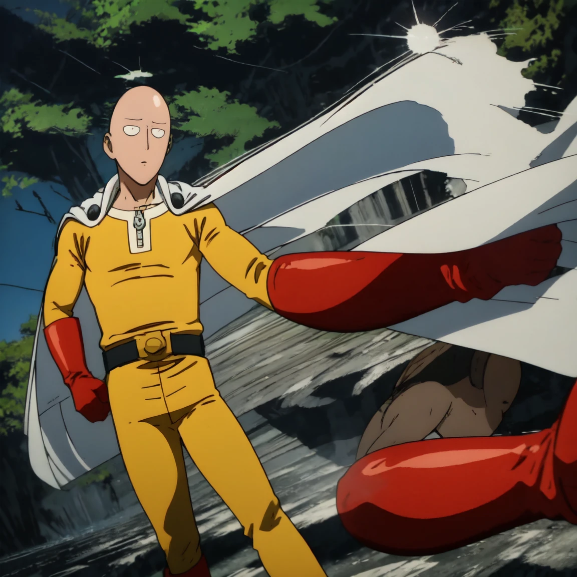 Saitama, the character from "One Punch Man," wearing his characteristic yellow suit with red gloves and a white cape, walks with a bored expression on a sunny day. Around him, a typical Japanese neighborhood with low buildings and green trees. The sky is clear, and the sun shines brightly, casting soft shadows on the ground.