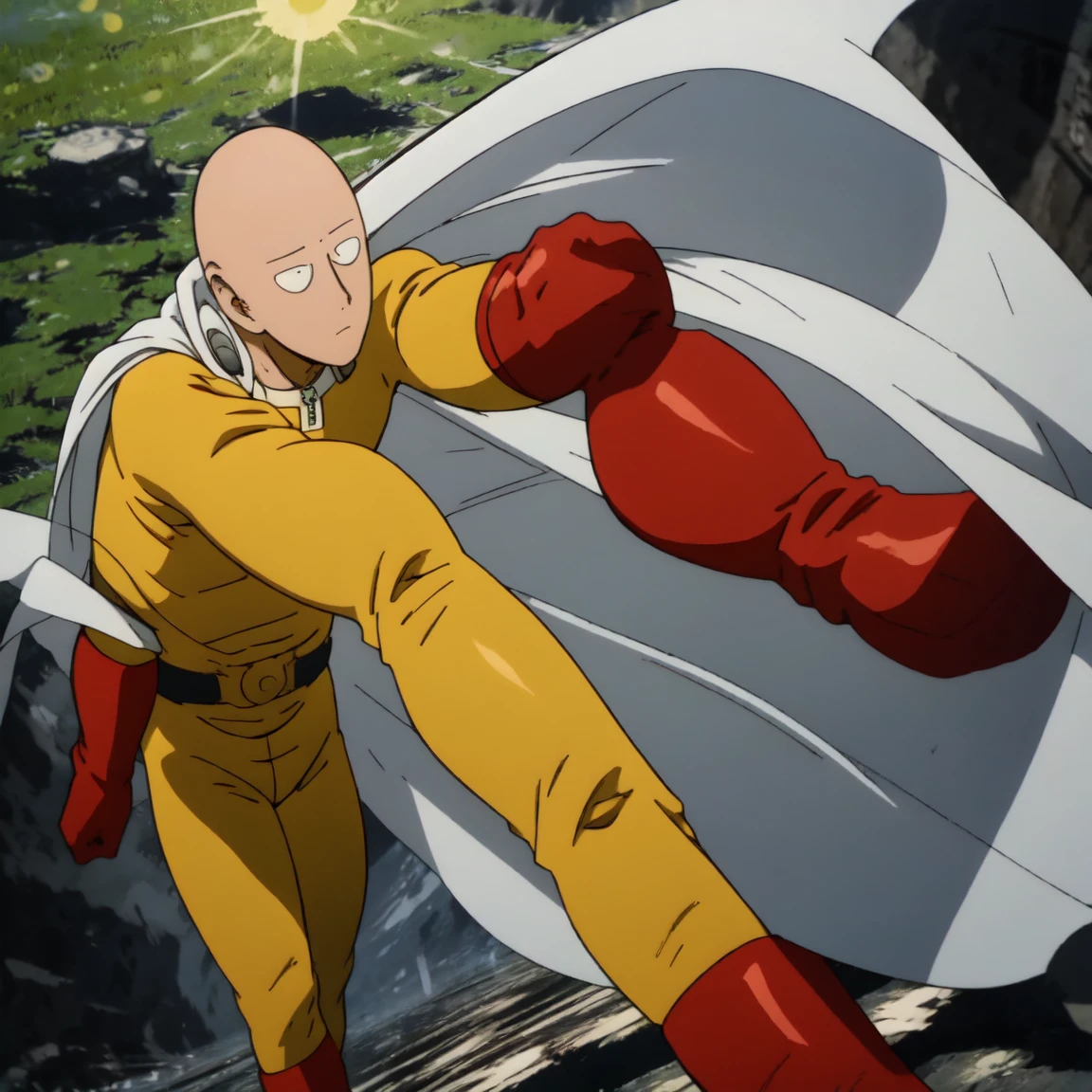 Saitama, the character from "One Punch Man," wearing his characteristic yellow suit with red gloves and a white cape, walks with a bored expression on a sunny day. Around him, a typical Japanese neighborhood with low buildings and green trees. The sky is clear, and the sun shines brightly, casting soft shadows on the ground.