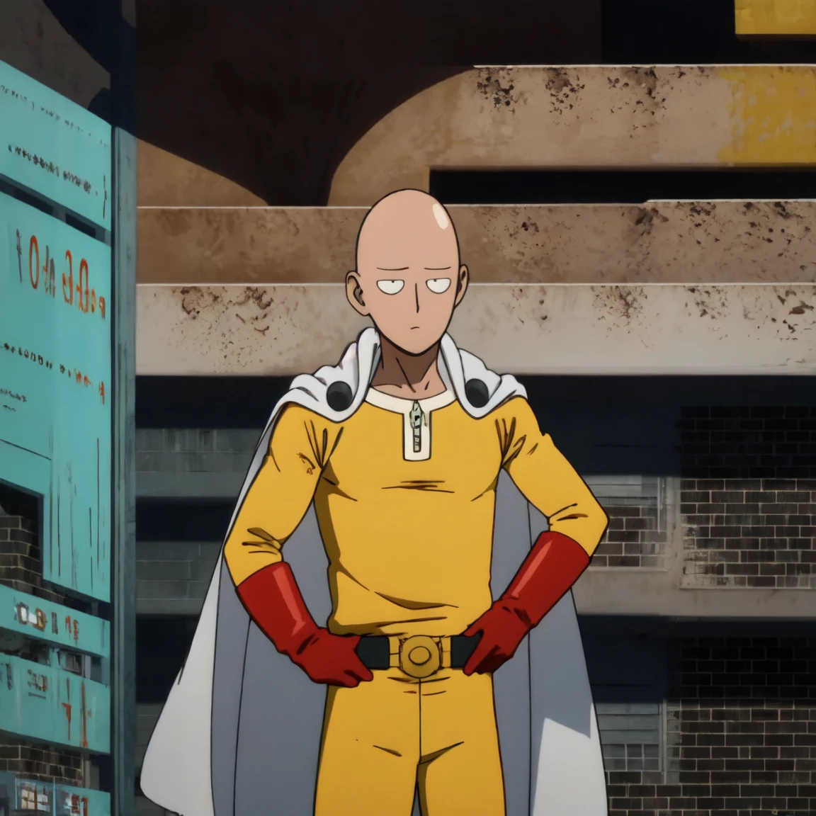 Saitama, the character from "One Punch Man," wearing his characteristic yellow suit with red gloves and a white cape, walks with a bored expression on a sunny day. Around him, a typical Japanese neighborhood with low buildings and green trees. The sky is clear, and the sun shines brightly, casting soft shadows on the ground.