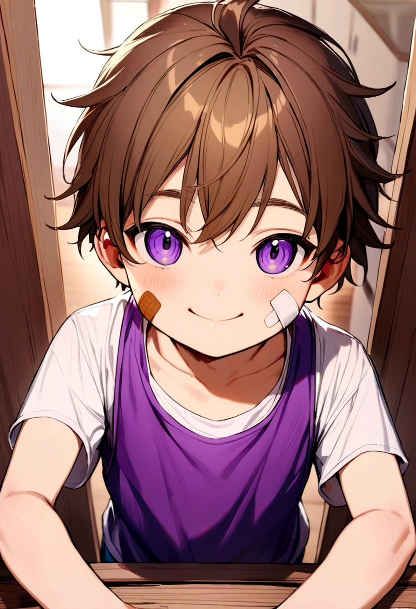 6 boy, brown hair, purple eyes, band aid on face, purple tank top, white t-shirt inside, smiling.