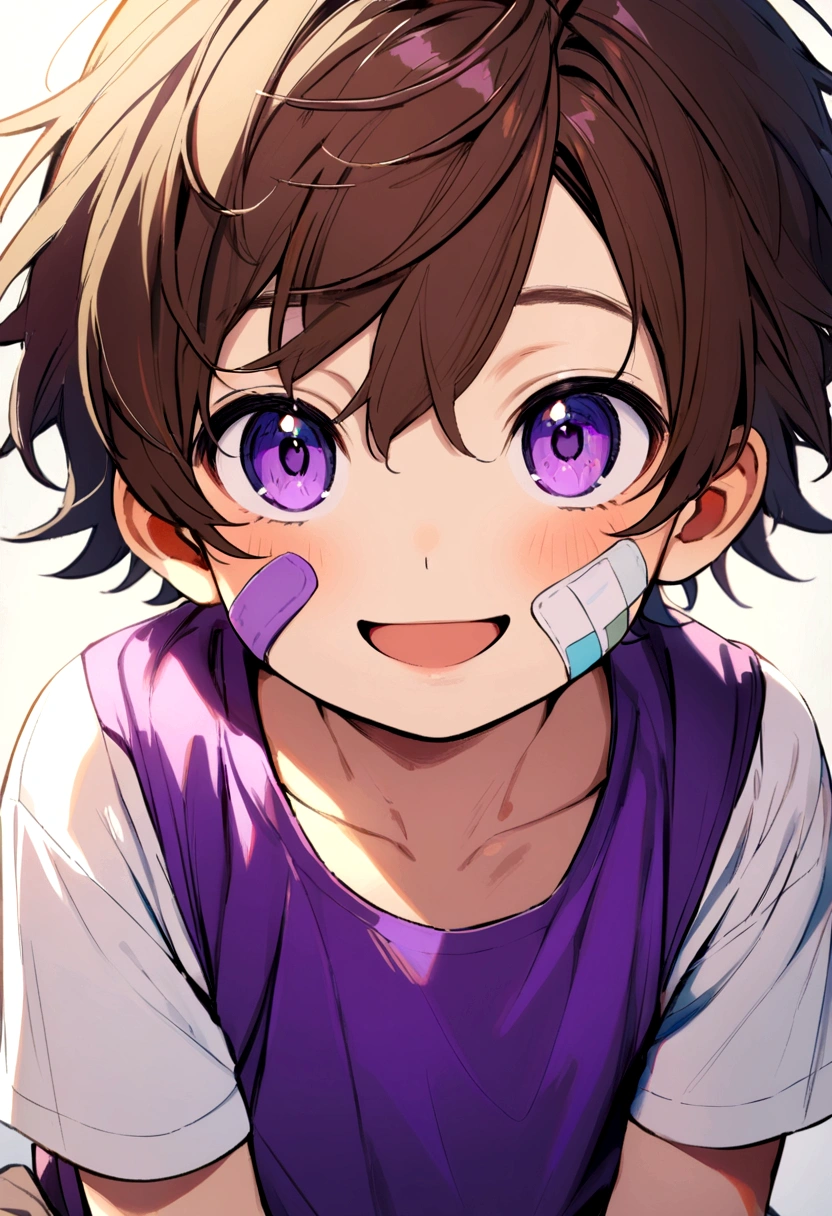 6 year old boy, brown hair, purple eyes, band aid on face, purple tank top, white t-shirt inside, smiling.