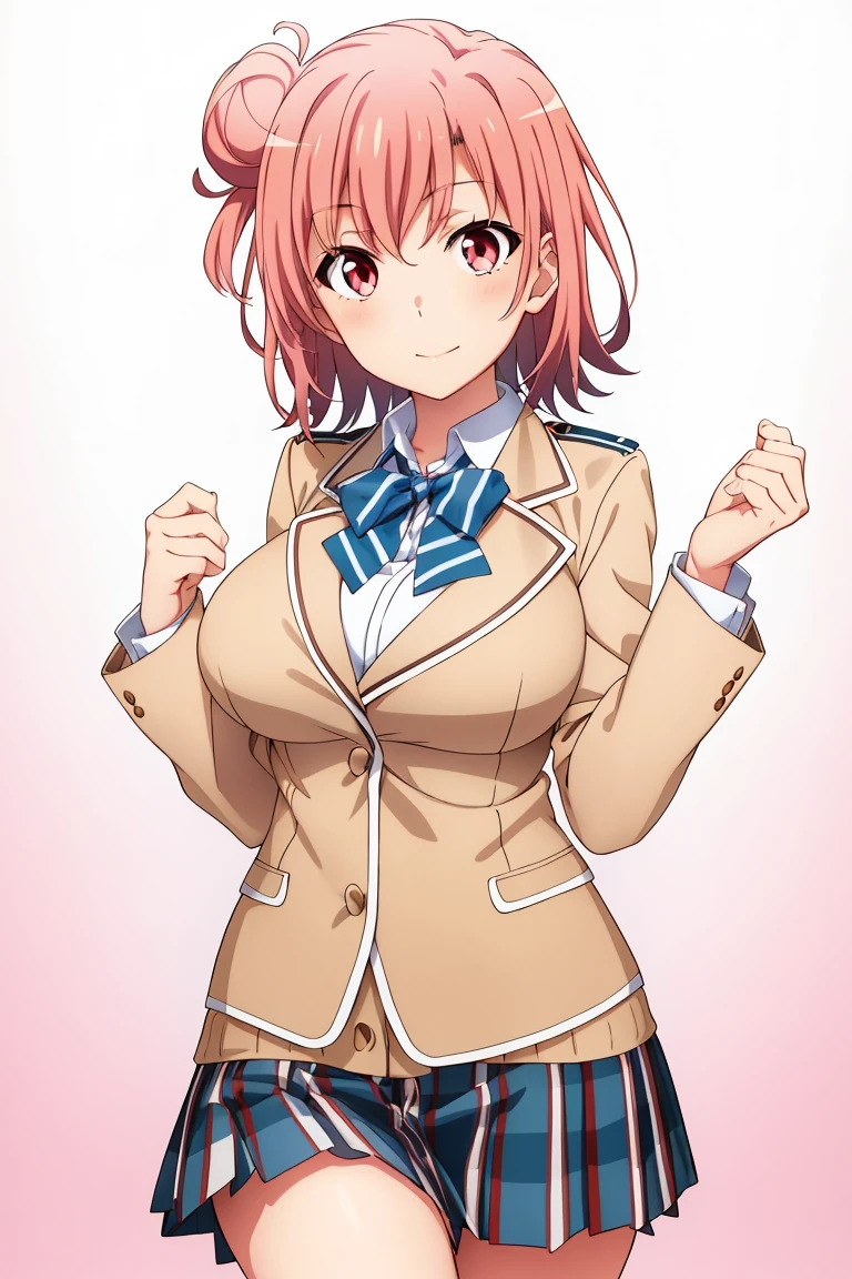 highest quality, High resolution, perfect pixel, Depth of the bounds written, 4k, beautiful anime girl, perfect body,
looking at the viewer,
Yuigahama Yui, 1 girl, short hair, pink hair, hair bun, pink eye,
large breast,
blazer, uniform, kilt skirt,
cowboy shot,