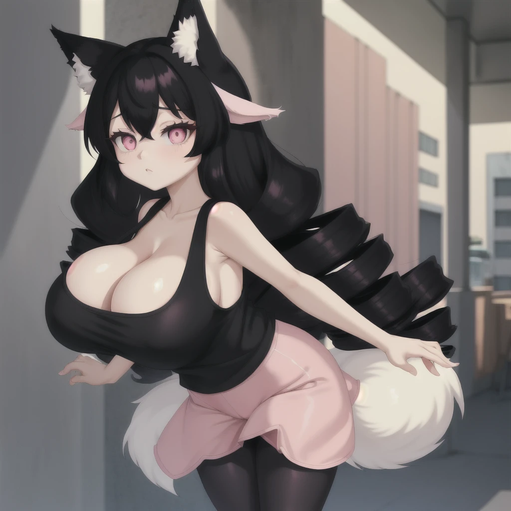 black hair, female, fox ears, twin drills, solo, smol, pink eyes, massive breasts, very long hair, wear open cut black tight tank top and pink leggings, masterpiece, ultra high quality