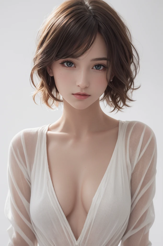 8K Ultra HD、RAWphotograph、モデルphotograph撮影、 European Fashion、(masterpiece、Highest quality、Realistic、High resolution、photograph:1.3)、close、focus on、Hot Model、slim、30 year old mature woman、Small face、No makeup、short hair、Beautiful dark brown Hayne eyes、Genuineスキン、(Perfect body)、Sexy hot face、erotic、sexual sight、slim、shirt、Long sleeve、Hide your chest、Beautiful eyes in every detail、Glossy lips、Small breasts、Small breasts、((Bright light、Dynamic Lighting、Genuine、超Genuine、 realism、Genuineなディテール、Cool Beauty、Cool pose、Background white、Plain white background