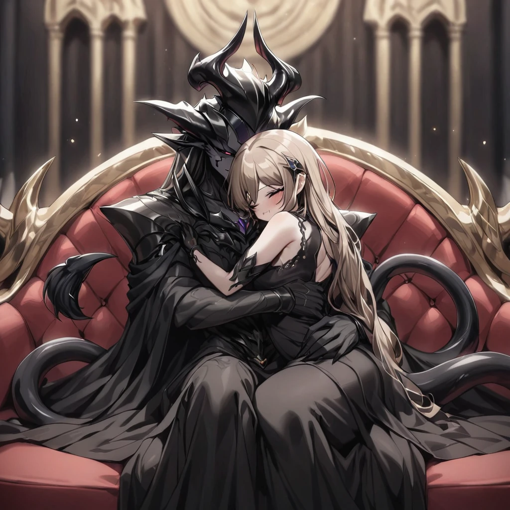 ((Highest quality)), ((masterpiece)), (detailed), (Perfect Face)、The woman is a jet-black devil、The woman is a jet-black female demon with magnificent demon horns and a jet-black tail, her skin is the same black as the Demon King, and she is wearing a seductive and luxurious jet-black dress of the Demon Queen. Her name is Princess Leona, a jet-black demon with medium-long light brown hair. The man and woman are cuddling happily on a large sofa.、The woman is sitting happily on a large sofa, snuggled up to her beloved husband, the powerful demon king.、A strong demon king is sitting on a large sofa in front of a luxurious demon altar, embracing his wife, the demon queen Leona.、The woman is leaning on the man while holding her young daughter.、Happy Demon King Family