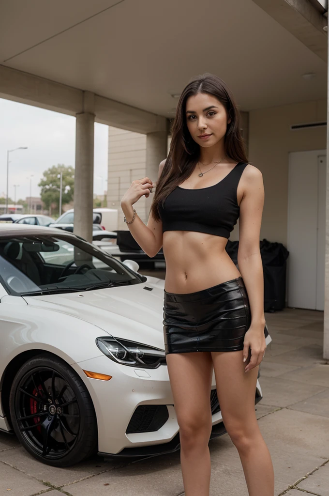 1girl in, 30 years old, Square face, Long hair, Looking at the viewer, jewelry, Realistic, Sexy, sexy short skirt outfit, standing next to a supercar, posing freely