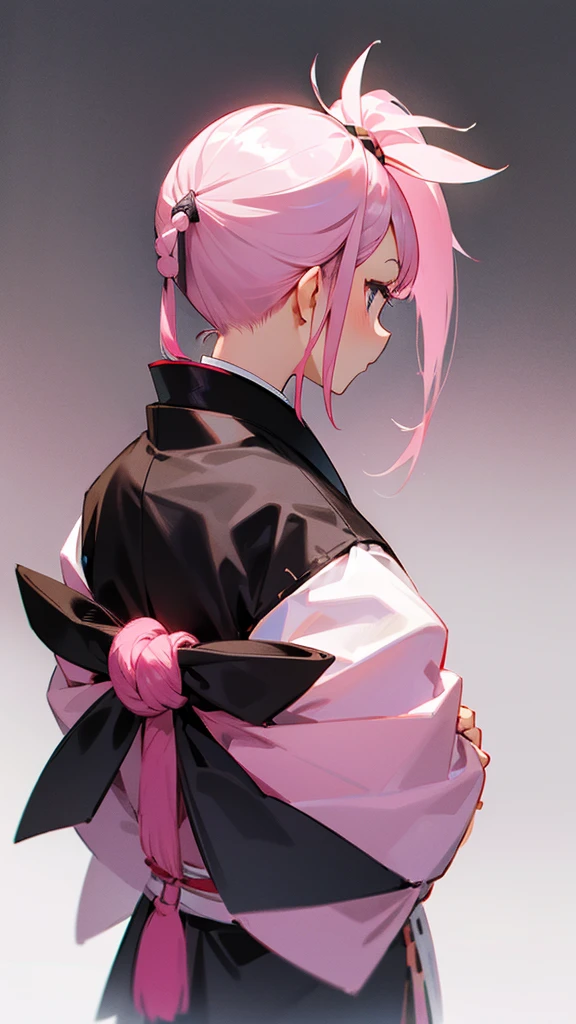 Pink hair in a ponytail。
I'm wearing a Japanese traditional black .
Background is white。Close。Facing forward。