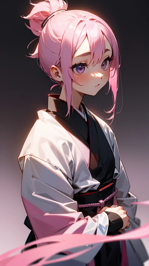 Pink hair in a ponytail。
I'm wearing a Japanese traditional black .
Background is white。Close。Facing forward。