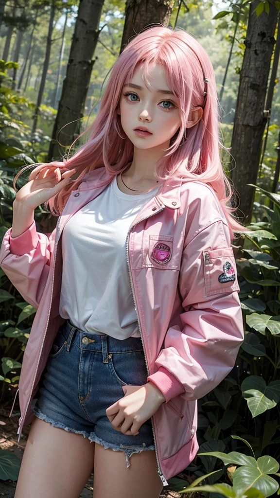 thirteen-year-old girl with pink hair, green eyes, a pink jacket, white sleeves, a red shirt and blue jeans in the forest