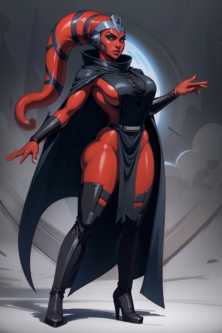 Brutal Red Skin Twi'lek with huge breasts wearing futuristic ((sleek (black) tunic)), robes, cowl, cape, huge breasts, slim hips, small waist, full-body shot