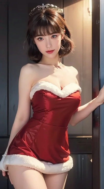 1 Girl, Solitary, masterpiece, best quality, high resolution, Very detailed, (illustration), Beautiful and delicate eyes, Makoto Niijima, Bangs, Weaving, Brown hair, crown Weaving, (Red Eyes:1.3), short hair, ,Glossy lips, Light makeup, A faint smile, Long White Satin Elbow Gloves ,Cowboy shooting, (Santa Claus), red Santa Claus dress(((Full and soft breasts,)))(((Huge breasts))) (((Cleavage)))