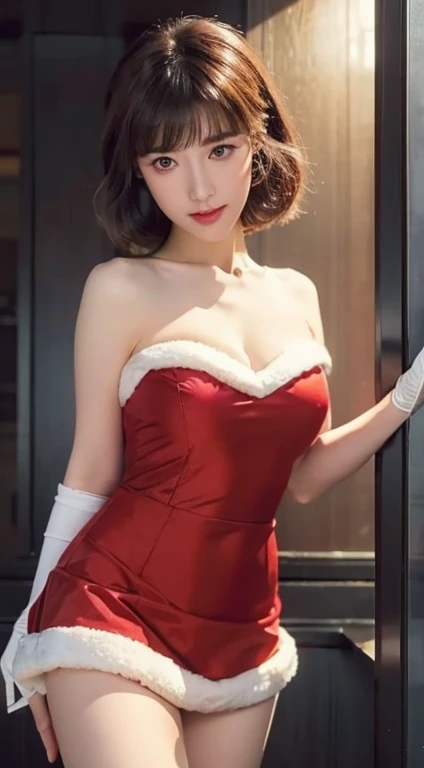 1 Girl, Solitary, masterpiece, best quality, high resolution, Very detailed, (illustration), Beautiful and delicate eyes, Makoto Niijima, Bangs, Weaving, Brown hair, crown Weaving, (Red Eyes:1.3), short hair, ,Glossy lips, Light makeup, A faint smile, Long White Satin Elbow Gloves ,Cowboy shooting, (Santa Claus), red Santa Claus dress(((Full and soft breasts,)))(((Huge breasts))) (((Cleavage)))