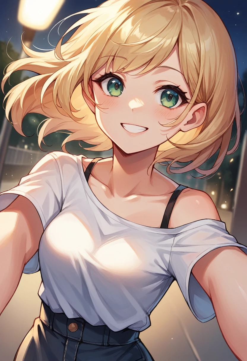 Cute blonde girl 19 years old, (((taking a selfie))), on the street, night, smiling, sexy hairstyle, sexy little blouse, (((hair in the face in the wind)))