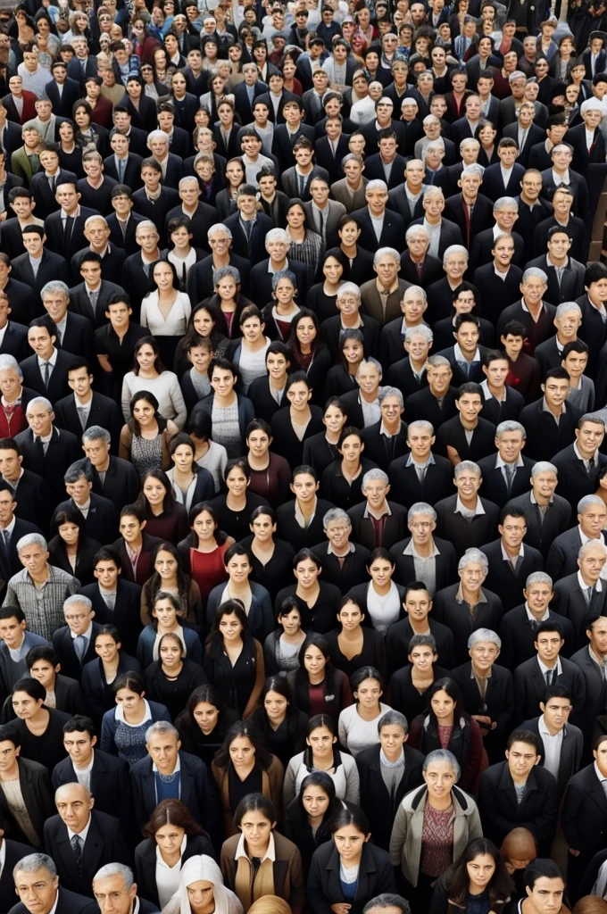 Composition of an image with 17 people, men and women, of different ages.
distribution: Los jóvenes están al frente y old detrás.
perspective: View from above, with everyone looking up.
proportion: People in the foreground (Young) They look bigger than the people in the background. (old), because of perspective.