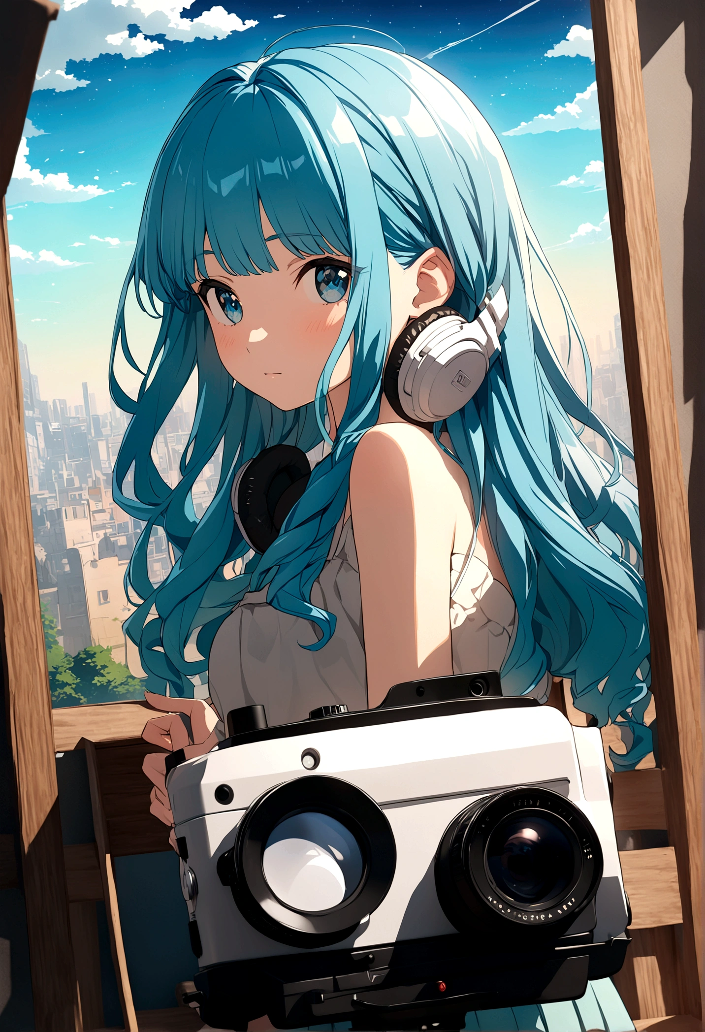 masterpiece,32k,Blue Hair、、The starry sky fills the screen.、女の子のBack view。A woman is wearing headphones 4k, sad,、Bowwater&#39;Art Style、Beautiful digital illustrations、Beautiful character drawings、Stunning Anime Face Portrait Mikudayo, Official artwork, Lo-fi Girl, Admire the art style,, Halfbeak, Anime atmosphere, A mix of anime style and Fujifilm, Digital anime illustration, anime wallpaper 4k　ヘッドフォンをつけた少女 Blue Hairの女性　Put on your headphones;　　　High resolution　high quality　Beautiful and realistic sky　The sky is the main thing　Back view　Back view　The scenery is the main thing　The scenery is the main thing　Emotional　lofi old camera film　Deep　3D