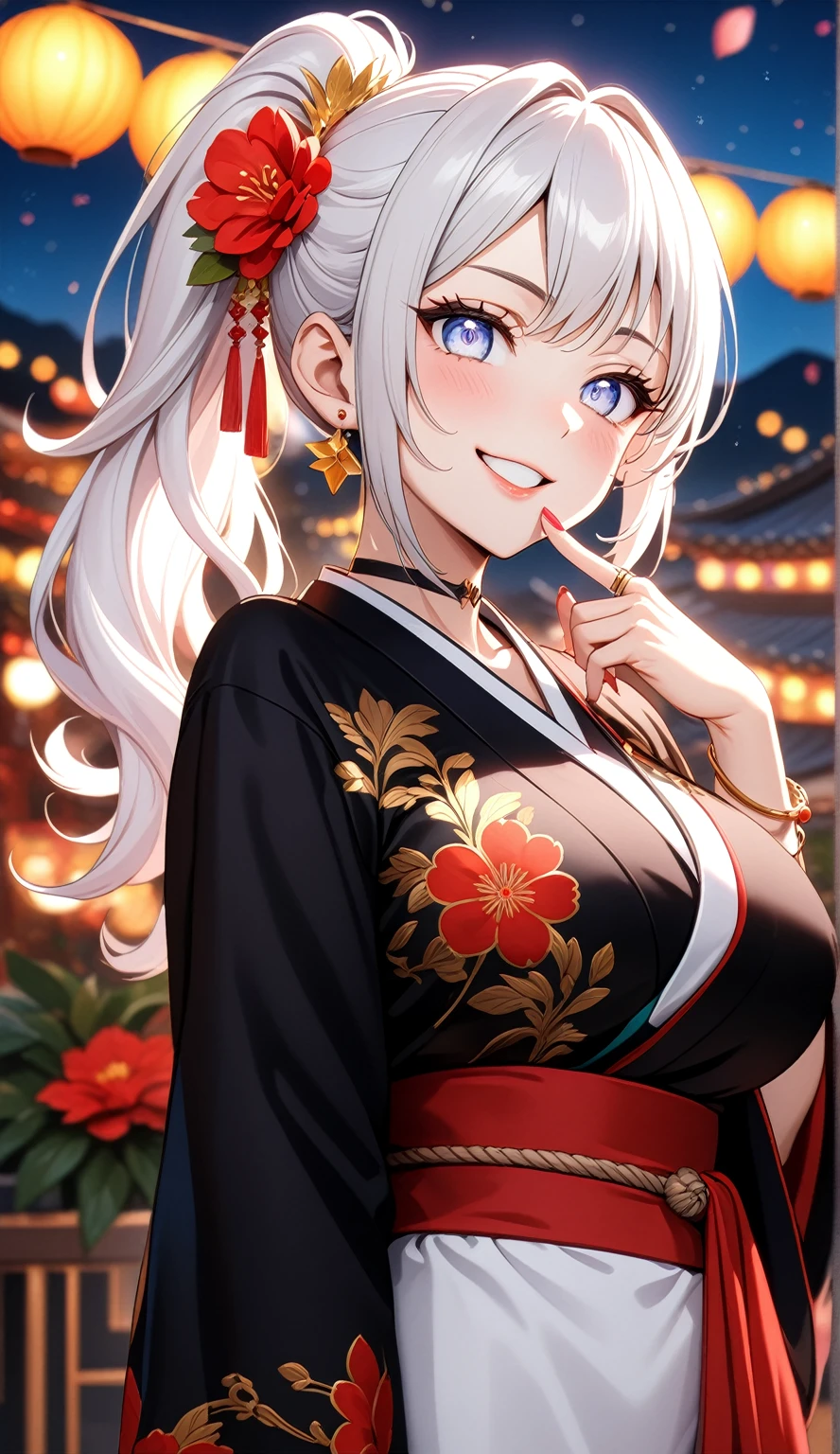 (One personの女性)), Beautiful Face, (Laughing embarrassedly), ((smirk)), ((Wink:2.0)), (finger to mouth:1.3), Laugh with your mouth wide open,((Bright red cheeks:1.4)),Shiny red lips, night,rooftop,Festivals, firework,Glossy red lips,Facial lighting,((Anime style background)),masterpiece, Highest quality, so beautiful,up to date, Complex details, (Pink long nails), (ring),(bracelet),(choker),AI-generated, Complex,High resolution, Highest quality, super high quality,3D Images、3D Images,One person,Long white hair in a high side ponytail,(blue eyes), ((Fine grain、Silvery white colorful eyes、Shining Eyes:1.4)), (Squint your eyes:1.1), 写真のポーズをとるAnime Women, a hyperRealistic , hyperRealistic , Realistic,Anime Women, Smooth anime CG art, A woman in a colorful kimono with gold embroidery, (Black long sleeve kimono), Red floral pattern,Long flower hair ornament,Earrings,Mature Body,(Big Breasts:1.1),Tall,Narrow waist,(Zoom in on face:1.4),