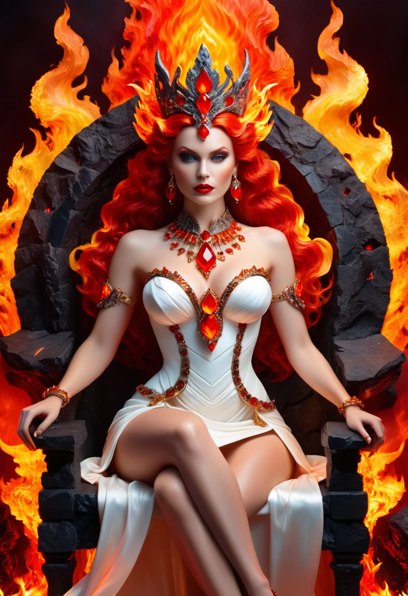 icture of a fire queen sitting on her fiery throne, a (fire queen: 1.2) wearing white dress, royal dress, glamorous dress, dynamic hair, bold intense eyes, extremely exquisite beautiful queen, perfect body, (anatomically correct: 1.3), ultra feminine, ultra detailed face, red lips, fiery glowing eyes, she sits on a (fiery throne: 1.3) of magic, and might, throne carved from basalt, legendary symmetric design, with (many carvings in the marble: 1.3), (lava veins in the basalt and on the handles, decorated with rubies, and opal gems, goddess of fire fantasy hall room background, (masterpiece: 1.4) intense details, highly detailed, photorealistic, best quality, highres,16k, [ultra detailed], masterpiece, best quality, (extremely detailed), close up, ultra wide shot, photorealistic, RAW, fantasy art, dnd art, fantasy art, realistic art,((best quality)), ((masterpiece)), (detailed: 1.5), ral-ntrgmstn, fire that looks like..