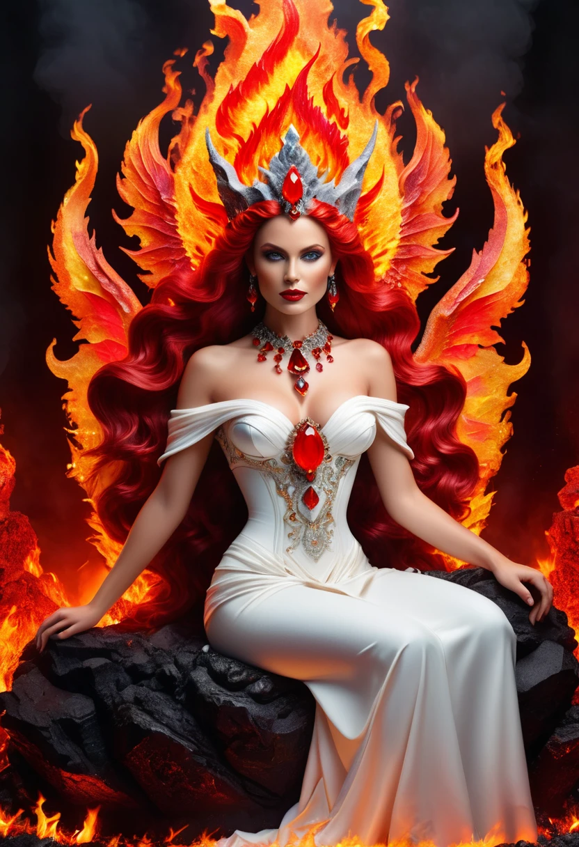 icture of a fire queen sitting on her fiery throne, a (fire queen: 1.2) wearing white dress, royal dress, glamorous dress, dynamic hair, bold intense eyes, extremely exquisite beautiful queen, perfect body, (anatomically correct: 1.3), ultra feminine, ultra detailed face, red lips, fiery glowing eyes, she sits on a (fiery throne: 1.3) of magic, and might, throne carved from basalt, legendary symmetric design, with (many carvings in the marble: 1.3), (lava veins in the basalt and on the handles, decorated with rubies, and opal gems, goddess of fire fantasy hall room background, (masterpiece: 1.4) intense details, highly detailed, photorealistic, best quality, highres,16k, [ultra detailed], masterpiece, best quality, (extremely detailed), close up, ultra wide shot, photorealistic, RAW, fantasy art, dnd art, fantasy art, realistic art,((best quality)), ((masterpiece)), (detailed: 1.5), ral-ntrgmstn, fire that looks like..