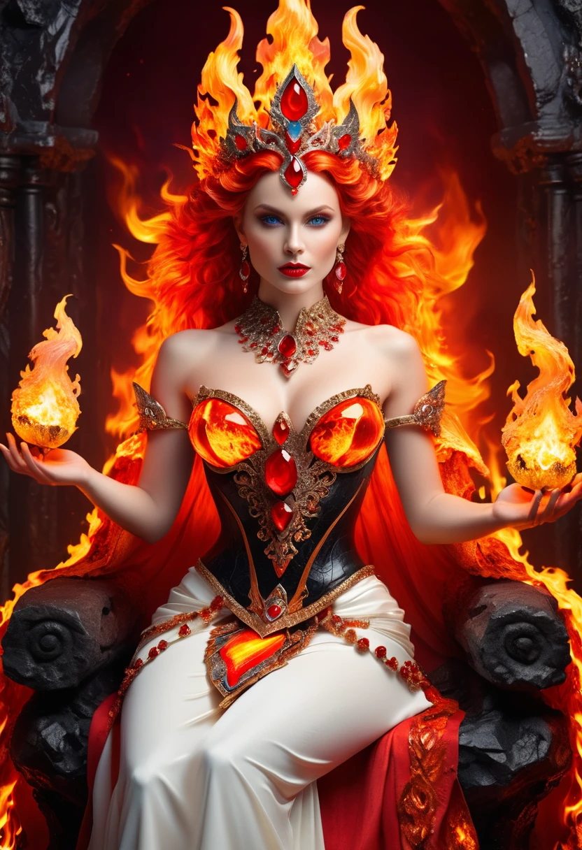 icture of a fire queen sitting on her fiery throne, a (fire queen: 1.2) wearing white dress, royal dress, glamorous dress, dynamic hair, bold intense eyes, extremely exquisite beautiful queen, perfect body, (anatomically correct: 1.3), ultra feminine, ultra detailed face, red lips, fiery glowing eyes, she sits on a (fiery throne: 1.3) of magic, and might, throne carved from basalt, legendary symmetric design, with (many carvings in the marble: 1.3), (lava veins in the basalt and on the handles, decorated with rubies, and opal gems, goddess of fire fantasy hall room background, (masterpiece: 1.4) intense details, highly detailed, photorealistic, best quality, highres,16k, [ultra detailed], masterpiece, best quality, (extremely detailed), close up, ultra wide shot, photorealistic, RAW, fantasy art, dnd art, fantasy art, realistic art,((best quality)), ((masterpiece)), (detailed: 1.5), ral-ntrgmstn, fire that looks like..