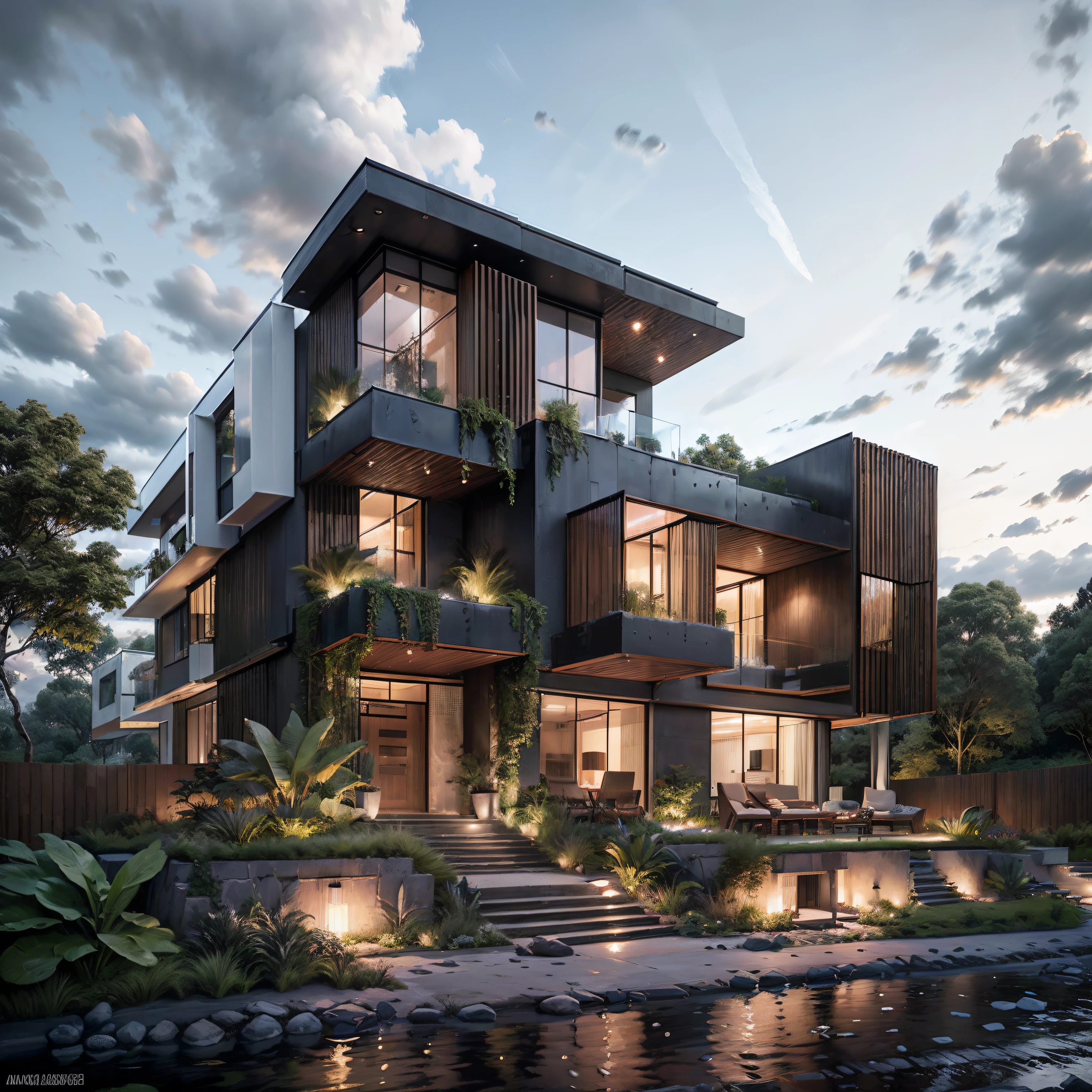 mordenhouse, house, glass house with a sloping roof, modern, vibrant (Photo brute, real, best quality, head of'artwork:1.2), (hyper realistic, photo-realistic:1.2), High quality, (dark lighting:1.2), perfect lighting, archquotidiennement
