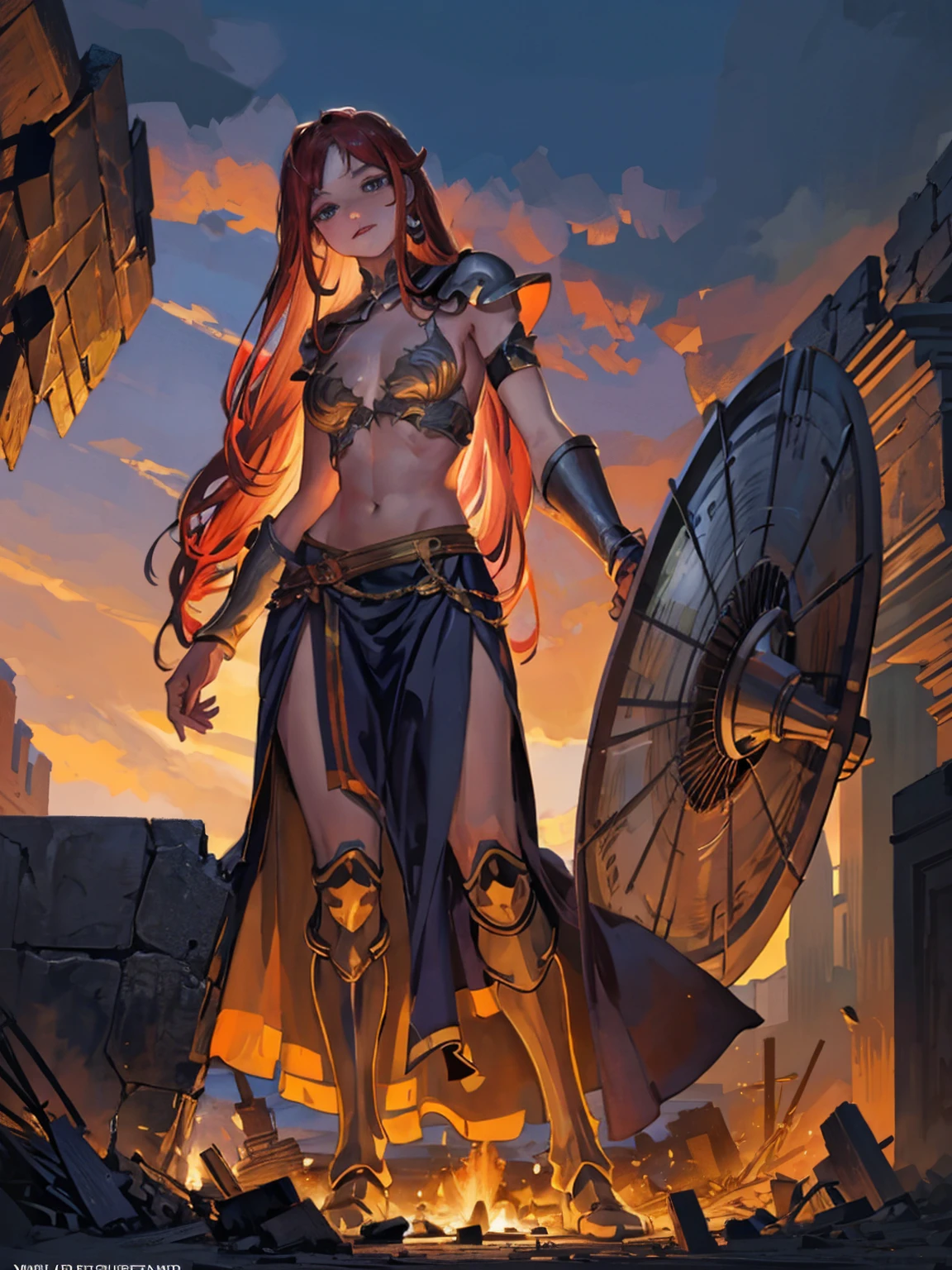 Rhea, a 68 meter warrior goddess, emerges from a battlefield at dusk, His golden, sweaty skin glistening in the moonlight. Her long red hair falls in wild braids over her shoulders and back.. naked, with remains of armor hanging, standing among the ruins, her posture is defiant and seductive, with one leg raised over a pile of rubble and one hand holding a broken shield. His eyes, full of lust and power, They look at the tiny humans at their feet, fascinated by their indomitable presence. His lips curved in a fierce smile and his muscular, sculpted body radiate an aura of warrior eroticism., enveloping everyone in a spell of submission and desire.

