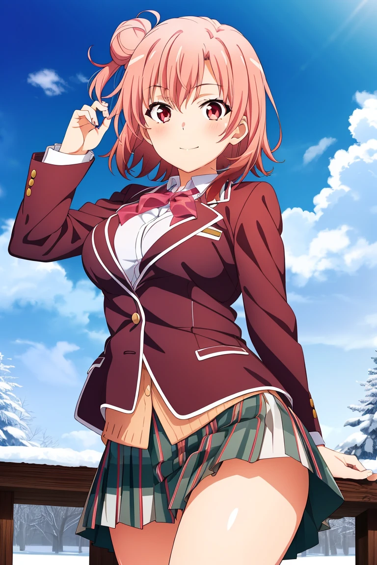 highest quality, High resolution, perfect pixel, Depth of the bounds written, 4k, beautiful anime girl, perfect body,
looking at the viewer,
Yuigahama Yui, 1 girl, short hair, pink hair, hair bun, pink eye,
large breast,
blazer, winter , kilt skirt,
cowboy shot,
