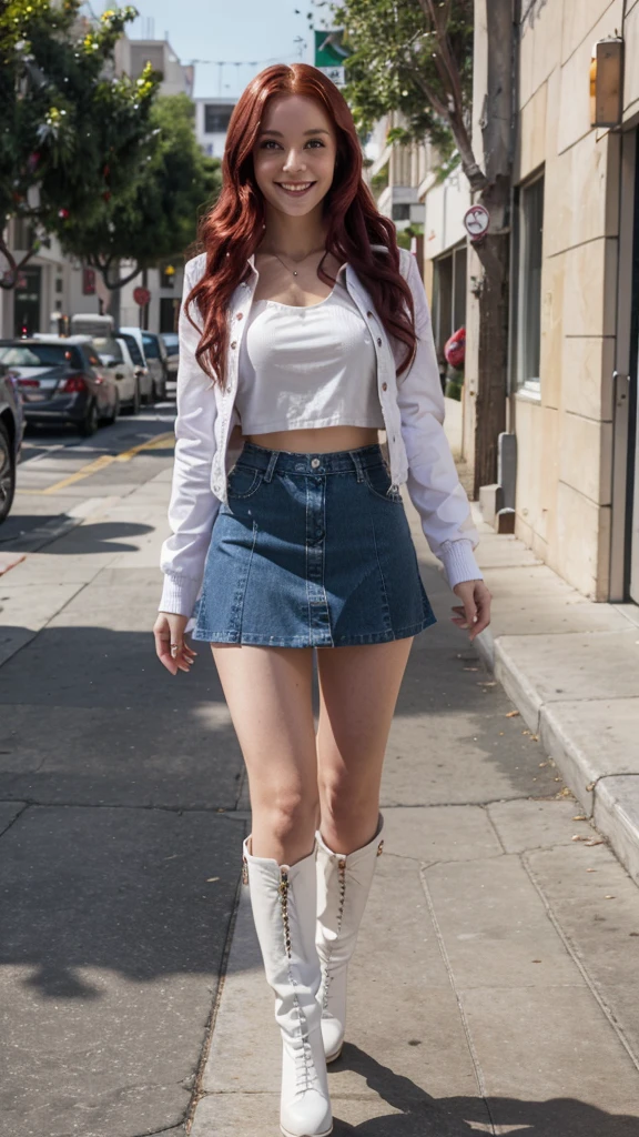 A white woman, long wavy cherry red hair, walks smiling through Los Angeles, wearing a purple mini skirt, white blouse, black knee-high boots, and a denim jacket. Full HD 4K high definition image.