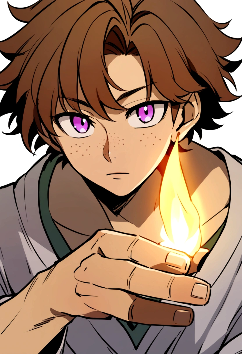 An anime style boy with somewhat messy short hair, brown hair but with lighter ends, lilac eyes, super light skin and many freckles on her face. Approximately 20 years