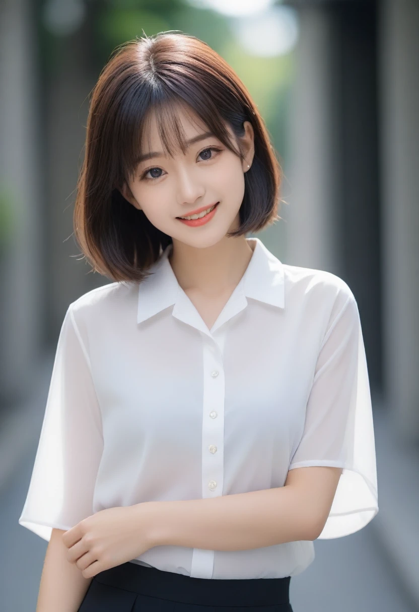 8K, Ultra-high resolution, Highest quality, masterpiece, 三分割法によるphotograph,Surreal, photograph, 1 Girl, (:1.3), pretty girl, Cute face, Beautiful eyes in every detail, 細かくdetailedに,masterpiece,, One Girl:1.2, Japan Female Announcer,whole body,Young Wife,Urban area,street tree,White blouse with collar,Short sleeve,Mid-length tight skirt,A carefree smile,Heal the heart,Black Hair,Short Bob,Looking at the audience、beauty,Long neck、Laugh a little、Please close your mouth and laugh、(((Ideal body type))),A cup small breasts :2,、Portraiture:2、Perfect Anatomy、鮮明なdetailed、detailed、Surreal、Light and shadow,Strong light