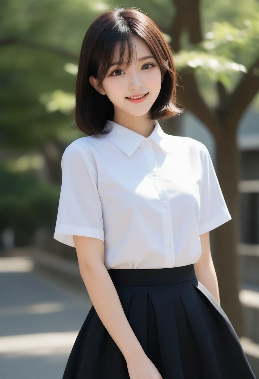 8K, Ultra-high resolution, Highest quality, masterpiece, 三分割法によるphotograph,Surreal, photograph, 1 Girl, (:1.3), pretty girl, Cute face, Beautiful eyes in every detail, 細かくdetailedに,masterpiece,, One Girl:1.2, Japan Female Announcer,whole body,Young Wife,Urban area,street tree,White blouse with collar,Short sleeve,Mid-length tight skirt,A carefree smile,Heal the heart,Black Hair,Short Bob,Looking at the audience、beauty,Long neck、Laugh a little、Please close your mouth and laugh、(((Ideal body type))),A cup small breasts :2,、Portraiture:2、Perfect Anatomy、鮮明なdetailed、detailed、Surreal、Light and shadow,Strong light 