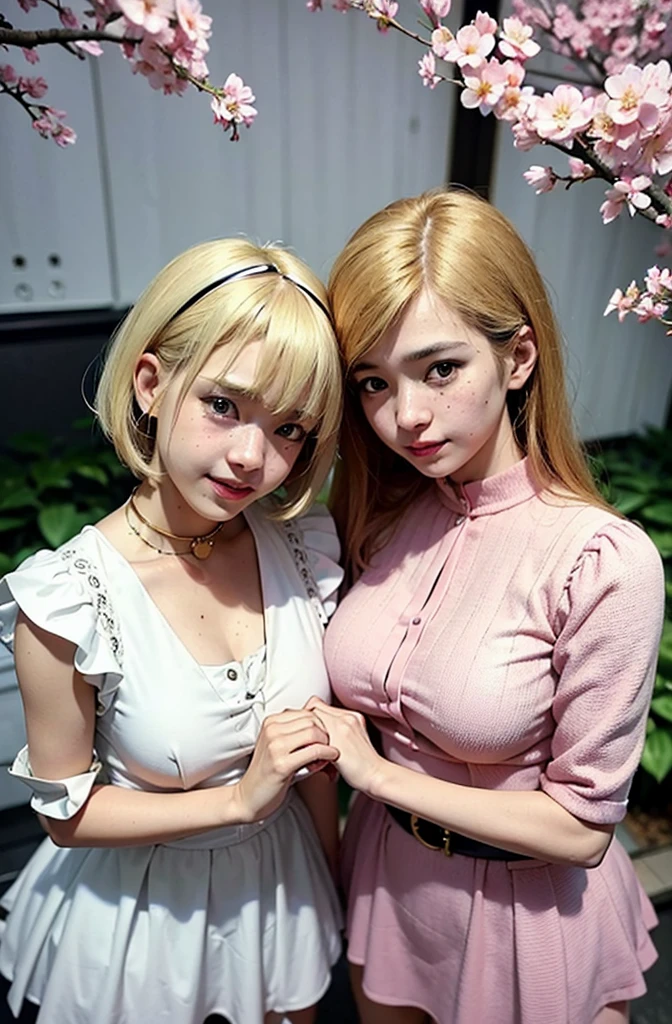 A beautiful sensual curvy blonde tween wearing a sweet Pink  Contrast Mesh, Ruffle Hem, All Over cherry blossoms Print, A Line, Short puff Sleeves, Sweetheart neckline, thin gold belt with tiny heart buckle, High Waist,Flounce hem Long gown, very long curling hair, cute, sweet, town picnic, warm  atmosphere, pretty, pretty lighting, 8k, octane render, detailed, detailed background, 35mm, realistic, photorealistic, perfect face, cherry blossoms barrettes in hair, freckles, ((American face)), American 