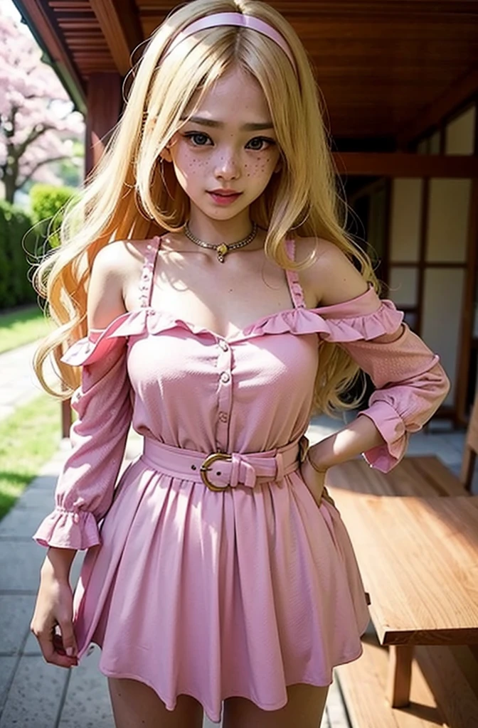 A beautiful sensual curvy blonde tween wearing a sweet Pink Contrast Mesh, Ruffle Hem, All Over cherry blossoms Print, A Line, Short puff Sleeves, Sweetheart neckline, thin gold belt with tiny heart buckle, High Waist,Flounce hem Long gown, very long curling hair, cute, sweet, town picnic, warm atmosphere, pretty, pretty lighting, 8k, octane render, detailed, detailed background, 35mm, realistic, photorealistic, perfect face, cherry blossoms barrettes in hair, freckles, ((American face)), American