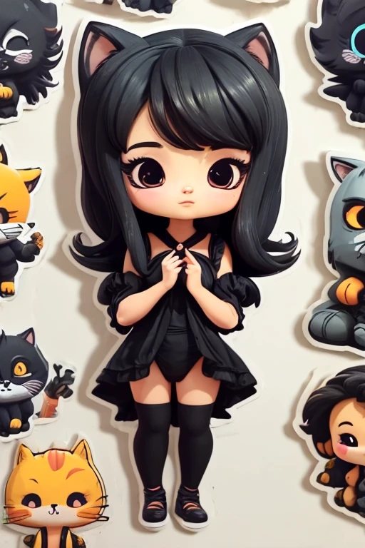 High quality、plastican00d、Realistic Light、Spotlight from above、pretty girl、((Black negligee))、Two-headed appearance、Doll、Chibi、plastic、Short Bob、Orange light room、Cat Pose、Cat mouth、sticker