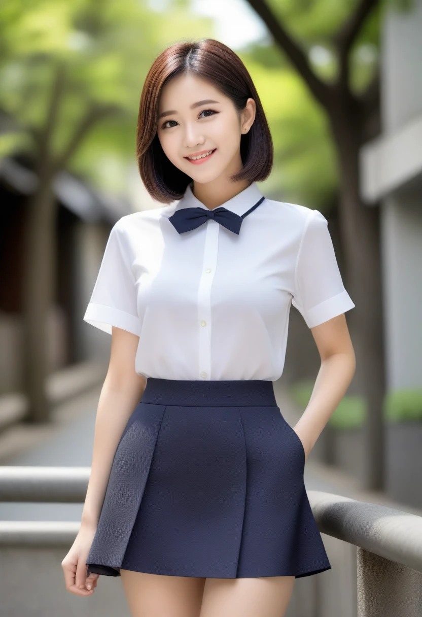 8K, Ultra-high resolution, Highest quality, masterpiece, 三分割法によるphotograph,Surreal, photograph, 1 Girl, (16 years old:1.3), pretty girl, Cute face, Beautiful eyes in every detail, 細かくdetailedに,masterpiece,, One Girl:1.2, Japan Female Announcer,whole body,Young Wife,Urban area,street tree,White blouse with collar,Short sleeve,Mid-length tight skirt,A carefree smile,Heal the heart,Black Hair,Short Bob,Looking at the audience、beauty,Long neck、Laugh a little、Please close your mouth and laugh、(((Ideal body type))),A cup small breasts :2,、Portraiture:2、Perfect Anatomy、鮮明なdetailed、detailed、Surreal、Light and shadow,Strong light 