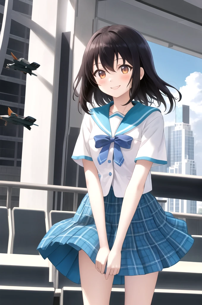 masterpiece, Highest quality, ltra-detailed, Details,1人のgirl, 1girl, 一人in, length_hair, Looking_in_Audience, short_hair, 前hair, black_hair, ribbon, hair_between_eye, brown_eye, girl, , Flying suit, mini skirt, , null, Ocean、Future City Port、The wind is blowing、Perfect promotion、The best smile、serafuku blue bow blue skirt plaid skirt